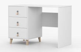 1,1 Meter breiter Schreibtisch | Weiß | Taygetos 04 | 75 x 110 x 55 cm | 3 Schubladen | 3 Fächer | Ledergriffe | Holzbeine 14 cm hoch | Einfarbig