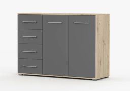 Kommode | Grau / Artisan | Comarca 17 | 96 x 135 x 45 cm | 2 Türen | 4 Schubladen | 3 Fächer |  Zweifarbig | Griffe silberfarben | Front in Grau