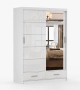 Schiebetürenschrank / Kleiderschrank mit Spiegel | Weiß | Lusatian 01 | 218 x 150 x 61 cm | 2 Türen | 2 Schubladen | 6 Fächer | viel Stauraum