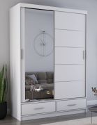 1,5 Meter breiter Schiebetürenschrank / Kleiderschrank mit Spiegel | Weiß | Lusatian 05 | 218 x 150 x 61 cm | 2 Türen | 2 Schubladen | 6 Fächer