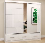Schiebetürenschrank / Kleiderschrank | mit Spiegel | Hochglanz Weiß | Lusatian 14 | 218 x 203 x 61 cm | 2 Türen | 3 Schubladen | 12 Fächer | eckig