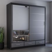 Schiebetürenschrank / Kleiderschrank mit Spiegel | 218 x 203 x 61 cm | Grau / Schwarz | Lusatian 23 | 2 Türen | 3 Schubladen | 12 Fächer | Zweifarbig