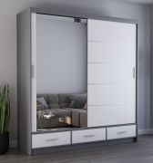 Schiebetürenschrank / Kleiderschrank mit Spiegel | Weiß / Grau | Lusatian 19 | 218 x 203 x 61 cm | 2 Türen | 3 Schubladen | 12 Fächer | eckig