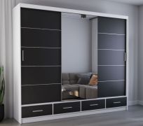 Schiebetürenschrank / Kleiderschrank mit Spiegel | 218 x 250 x 61 cm | Schwarz / Weiß | Lusatian 37 | 3 Türen | 4 Schubladen | 7 Fächer | Zweifarbig
