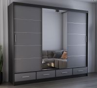 2,5 Meter breiter Schiebetürenschrank / Kleiderschrank mit Spiegel Grau / Schwarz | Lusatian 36 | 218 x 250 x 61 cm | 4 Schubladen | 7 Fächer