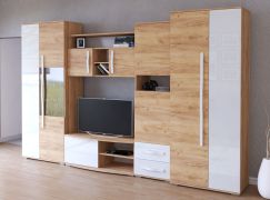 Wohnwand 3,2 Meter breit | Braun / Weiß in Hochglanz | 202 x 320 x 52 cm | 1 Türe | Mehrteilig | viel Stauraum | eckig | Aufbewahrung | Holzoptik