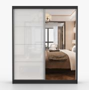 1,8 Meter breiter Kleiderschrank / Schiebetürenschrank | Weiß / Schwarz | Gorski 04 | mit Spiegel | 6 Fächer | 2 Türen | 76 x 110 x 50 cm | eckig