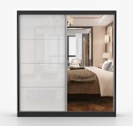 Kleiderschrank / Schiebetürenschrank 2,0 Meter breit | Gorski 32 | Weiß / Schwarz | mit Spiegel | 2 Türen | Griffe: Metall | 218 x 203 x 61 cm