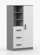 80 cm breite Bücherregal | Smolikas 38 | Weiß / Grau | 3 Schubladen | 159 x 80 x 40 cm | 7 Fächer | violette Holzgriffe | Kinder | Jugend