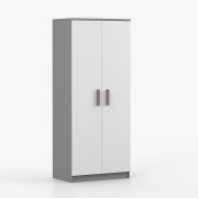 Drehtürenschrank / Kleiderschrank Weiß / Grau | Smolikas 62 | 192 x 80 x 50 cm | 2 Türen | 1 Kleiderstange | 5 Fächer | violette Holzgriffe