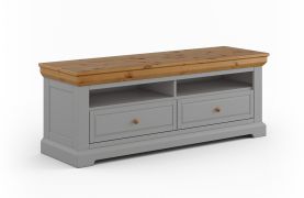 Schlichter TV-Unterschrank mit zwei Schubladen Gimone 07, in Grau, finnische Kiefer, zwei Fächer, Maße: 58 x 155 x 48 cm, Soft-Close-Funktion