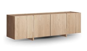 TV-Unterschrank | Farbe: Eiche gebleicht | 4 Türen | Massivholz | Eichenholz geölt | Travertin Stein | 180 x 46 x 56 cm | 6 Fächer | Schlicht