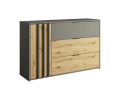 Kommode / Sideboard mit drei Schubladen Dionysos 05, eine Tür, Farbe: Eiche Artisan / Graphitgrau, zwei Fächer, modernes Design, Maße: 79,5 x 125 x 35 cm