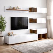Wohnwand Mondura | Sea Wood Vintage-Korpus mit weißen UV-Hochglanzfronten | 240 x 40 x 150 cm | Push-to-open