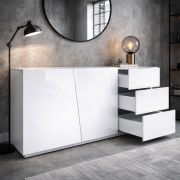 Kommode / Sideboard Beldran | Weiße UV Hochglanzlackierung | Push to Open | 3 Schubladen | 2 Türen | 2 Fächer | 180 x 43 x 87 cm