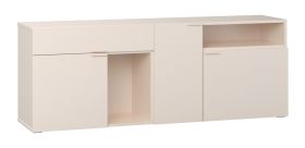 Kommode | 3 Türen | Farbe: Beige | Griffe & Beine: Beige | sechs Fächer | 1 Schublade | Maße: 187 x 42 x 70 cm | zwei offene Fächer | Soft-Close-Funktion
