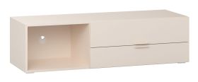 TV-Schrank | 1 offenes Fach | Farbe: Beige | Soft-Close-Funktion | Griffe: Beige | zwei Schubladen | 1 Kabeldurchführung | Maße: 130 x 42 x 36 cm