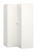 Eckkleiderschrank mit sechs Fächern Aenna 04, Farbe: Weiß / Eiche, Maße: 202,5 x 108,5 x 111 cm, mit zwei Kleiderstangen, Griffe: Eiche, inkl. LED-Beleuchtung