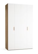 Falttür / Kleiderschrank | Farbe: Weiß / Eiche | 2 Türen | inkl. LED-Beleuchtung mit Bewegungssenor | 140 x 60 x 240 cm | 4 Fächer | 3 Kleiderstangen