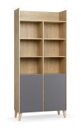 Regal | Farbe: Eiche / Graphit | 10 Fächer | 2 Türen | Beine: Kiefernholz | Maße: 94,5 x 38 x 204 cm | Soft-Close-Funktion | ABS-Kantenschutz