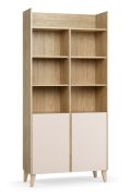 Regal mit zwei Türen | Farbe: Eiche / Beige | 10 Fächer | Maße: 94,5 x 38 x 204 cm | Soft-Close-Funktion | ABS-Kantenschutz | Beine: Kiefernholz