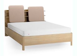 Doppelbett | 160 x 200 cm | Farbe: Eiche / Ecru | gepolsterte Kopfstütze | vier offene Regale | Behälter hinter Rückenlehne | inkl. Lift up Lattenrost