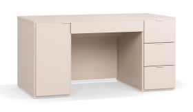 Schreibtisch | Farbe: Beige | 4 Schubladen | Maße: 140 x 67 x 68,5 cm | zwei Fächer | Soft-Close Funktion | Funktionsleiste | Griffe: Weiß | für Büro