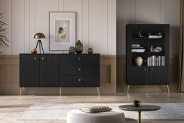 Wohnzimmer - Set B Luzan, 2-teilig, in Schwarz matt, Soft Close System, gefräste Fronten, Griffe und Beine aus Metall in Gold