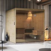 Sauna Indoor-Sauna Sauna-Bausatz Redcentre 03 mit 3 Saunaliegen, Fichte Natur, 196 x 249 x 203 cm, 2 Kopfstützen, Beleuchtung