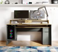 Schreibtisch mit viel Stauraum | 160 x 70 x 91,5 cm | Ergonomisch | Aritsan - Eiche / Graphitgrau | 6 Fächer | Kissamos 02 | mit Bildschirmerhöhung