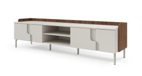 TV-Unterschrank | Farbe: Kaschmir / Alba-Walnuss | 4 Drehtüren | 4 Fächer | 200 x 42 x 51 cm | Push-to-open Funktion | langes TV-Möbel | Metallbeine