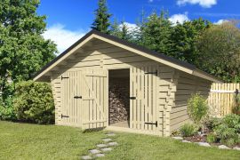 Holzschuppen / Gerätehaus aus Kiefernholz, Satteldach, 40 mm Blockbohlenhaus, inkl. Fußboden, Doppeltür, gehobelt, Lüftungslücken zwischen Wandbrettern, Grundfläche: 17,47 m², Außenmaße: 418 x 418 cm