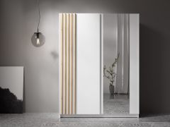 Schiebetürenschrank | Spiegel | Farbe: Weiß | Eiche Artisan Deko-Lamellen | Kleiderschrank | Maße: 150,5 x 62 x 198,5 cm | 1 Kleiderstange | 5 Fächer