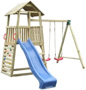 Spielturm mit Rutsche, Doppelschaukel und Kletterwand
