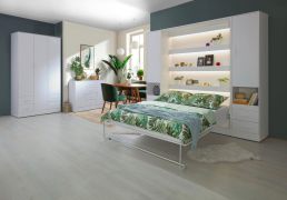 Schlafzimmer Komplett - Set D Nalut in Weiß | 6-teilig | Schrankbett 160 x 200 cm mit LED-Beleuchtung | Kleiderschrank | Kommode