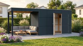 Gartenhaus Lounge Frankfurt 02 mit Dachanbau | Grundfläche 13,12 m² | Grau / Anthrazit | Schleppdach | Elementgartenhaus | HPL-Fassadenplatten