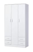 Kleiderschrank | Drehtürenschrank | 3-türig | 120 x 50 x 225 cm | Farbe: Weiß | 3 Türen | 4 Schubladen | 11 Fächer | 1 Kleiderstange | Nalut 01