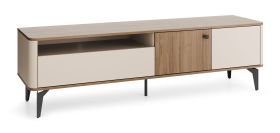 TV-Unterschrank | Nuss/Kaschmir | 180 x 40 x 51 cm | 2 Türen | Schublade mit Soft Close System | Push-to opten System | Metallbeine | ABS-Kanten | 3 Fächer | Belladere 06