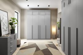 Schlafzimmer Set F Edegem | 5-teilig | Farbe: Platingrau | Kleiderschränke | Drehtürenschränke | Regale | Schrankaufsätze | Kommode