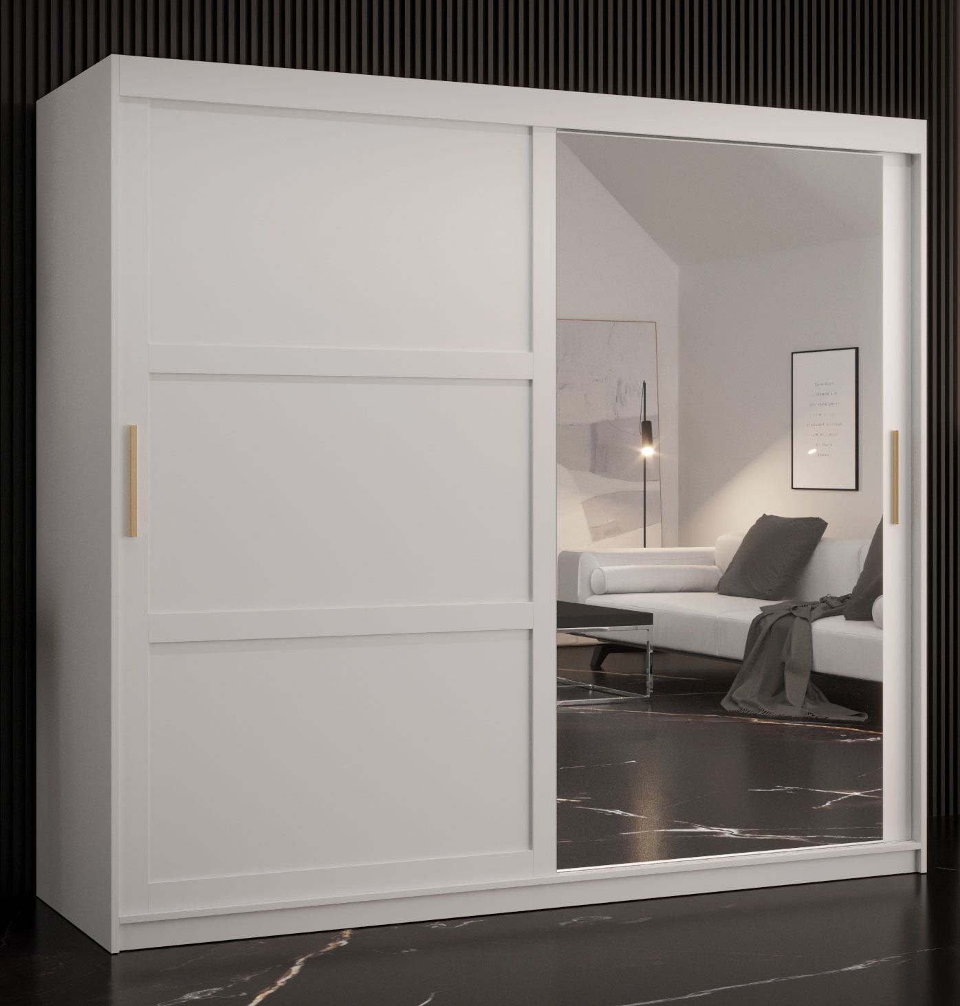 Stylischer Kleiderschrank mit einer Spiegeltür Liskamm 42, Farbe: Weiß matt  / Schwarz matt - Abmessungen: 200 x 200 x 62 cm (H x B x T), mit 10 Fächern  und zwei Kleiderstangen