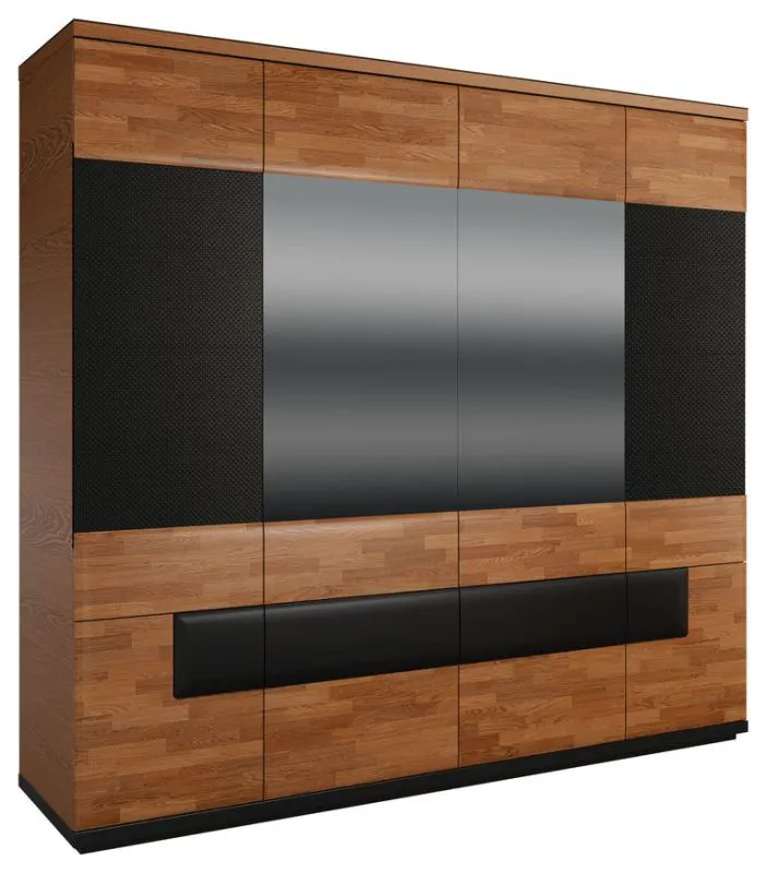224 cm breiter Kleiderschrank mit 4 Türen, 14 Fächern und 4 Schubladen | teilmassiv | Farbe: Walnuss / Schwarz | Tiefe: 62 cm Abbildung
