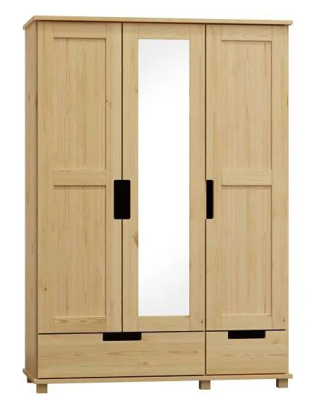 Kleiderschrank | 3 Drehtüren | 2 Schubladen | 4 Fächer | mit Kleiderstange | 150 cm breit | Massivholz | Farbe: Natur Abbildung
