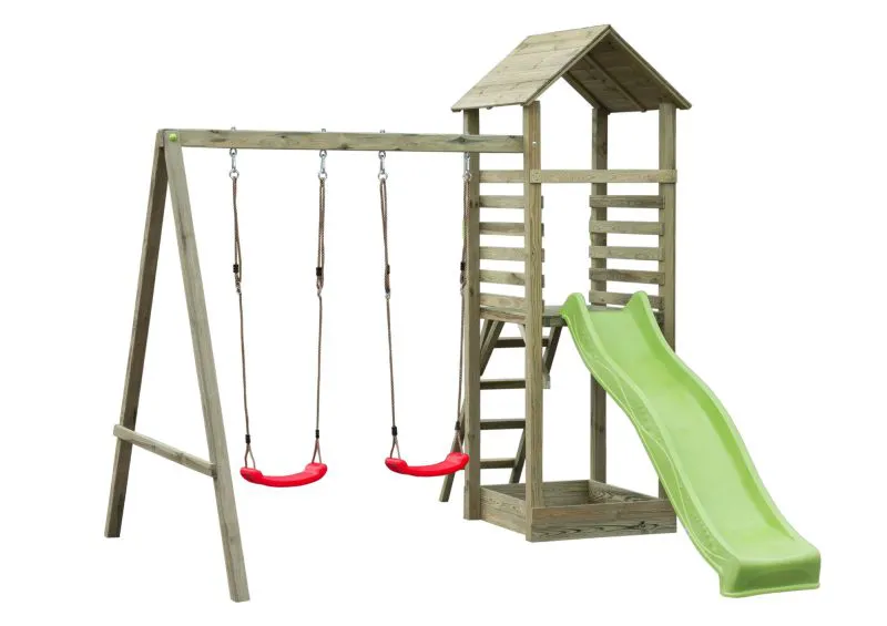 Spielturm PZ02 inkl. Wellenrutsche | Sandkasten und Doppelschaukel | Rutsche: Grün | Schaukel: Rot | Maße: 279 x 343 cm (B x T)