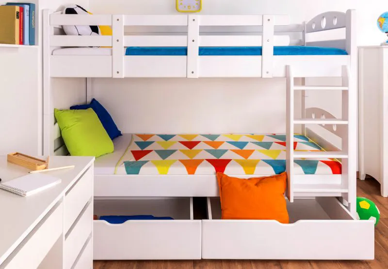 90 x 200 cm Etagenbett mit Stauraum / 2 Schubkästen für Jugendliche Massivholz: Buche | Weiß Lackiert | umbaubar in 2 Einzelbetten | Premium-Qualität | inkl. Rollroste Abbildung