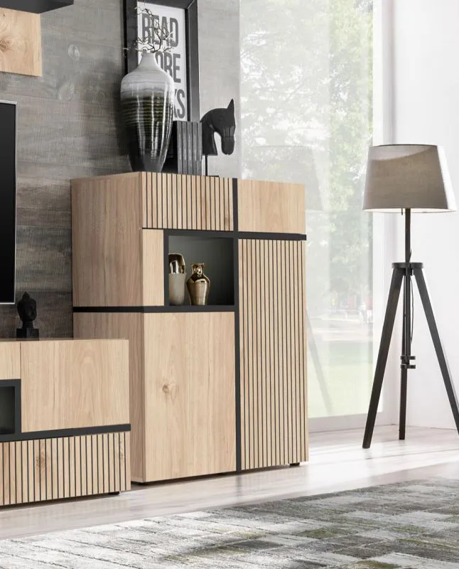 Stylische Kommode mit zwei Türen Jordalsgrenda 02, Farbe: Eiche / Schwarz, zwei Schubladen, Maße: 110 x 90 x 40 cm, fünf Fächer, Push-to-open Funktion