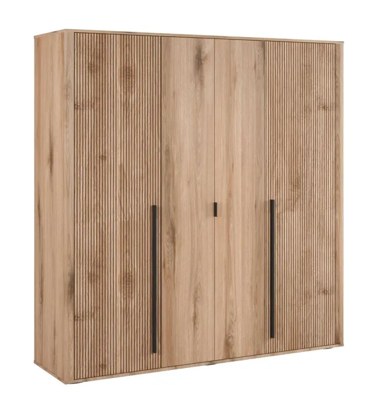 Eleganter Kleiderschrank mit 4 Drehtüren in Eiche, teilweise gerillt, 209 x 200 x 57 cm, 6 Fächer und 3 Kleiderstangen, schwarze längliche Griffe