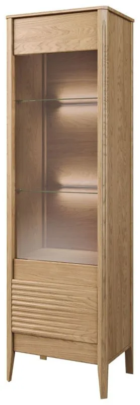 Elegante Vitrine Gorica 03, Türanschlag rechts, in Eiche Gold, mit LED-Beleuchtung und Soft Close System, 201 x 60 x 45 cm, teilmassiv, Antisol-Glas Bronze