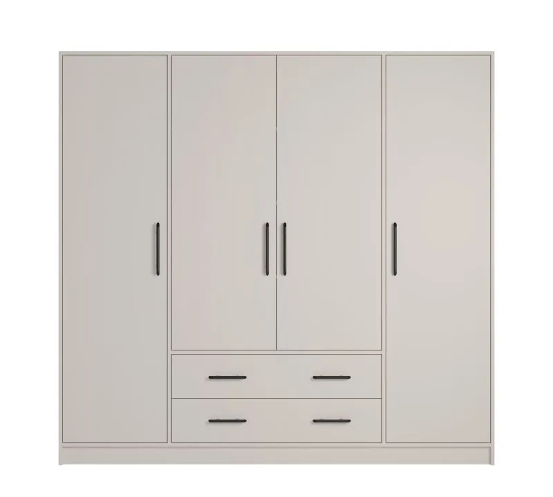 Moderner Kleiderschrank Hannut 06, zwei Kleiderstangen, Farbe: Kaschmir, vier Türen, Maße: 190 x 200 x 56 cm, zwei Schubladen, fünf Holzeinlegeböden
