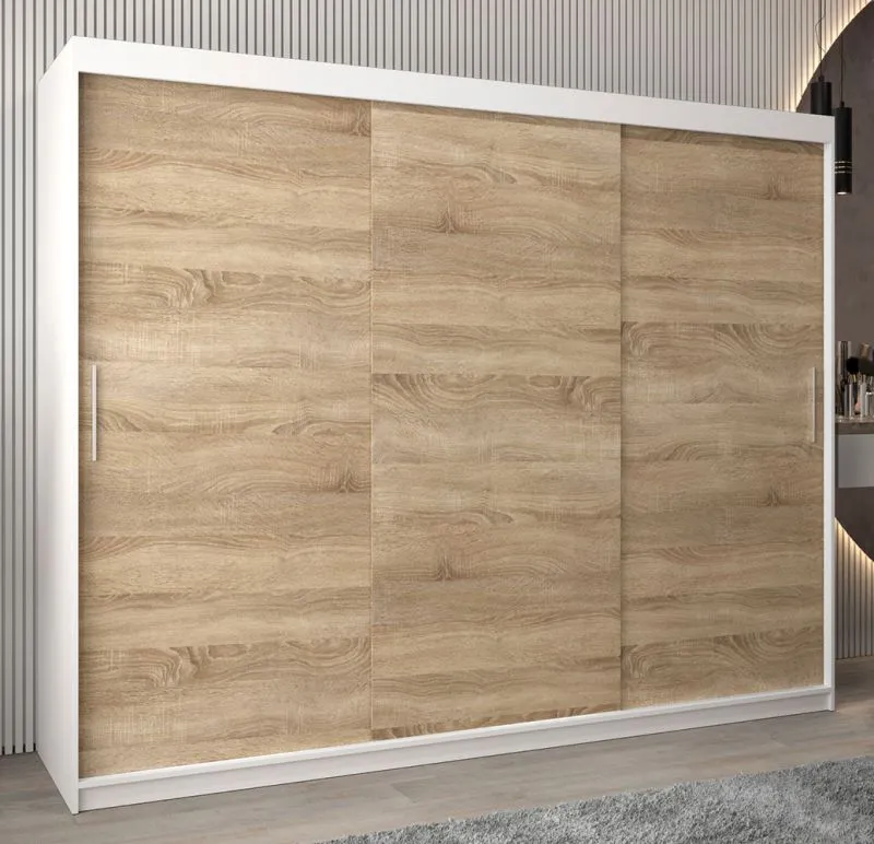 Schiebetürenschrank / Kleiderschrank Bisaurin 6A, Farbe: Weiß matt / Eiche Sonoma - Abmessungen: 200 x 250 x 62 cm ( H x B x T)