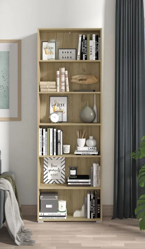 Bücherregal mit sechs Fächer Knide 14, Farbe: Eiche Grau, Hohes Regal, ABS-Kanten, Maße: 211,5 x 70 x 24,5 cm, hochwertig Verarbeitet